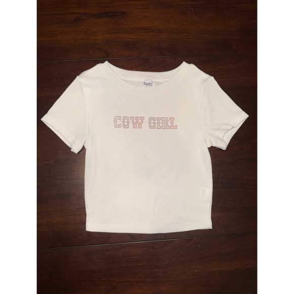 Princess Polly Tops - Princess Polly Cow Girl Ribbed Baby Tee White Graphic Crop Top Size 6